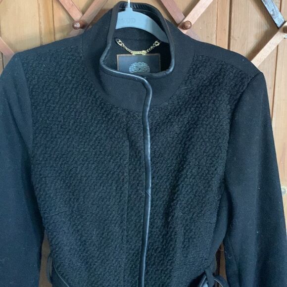 Vince Camuto black wool blend faux leather belted coat - Picture 3 of 11
